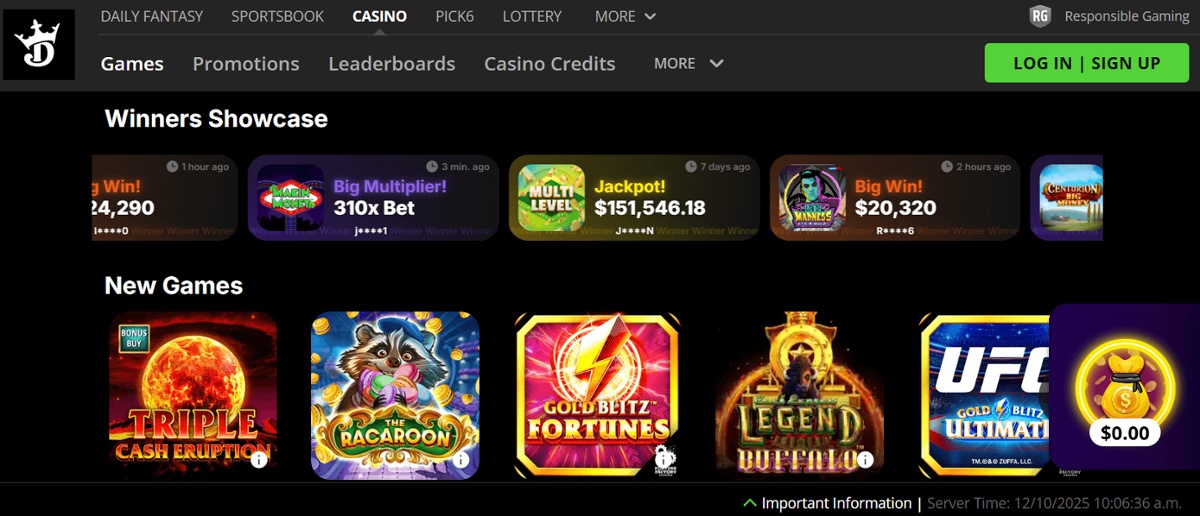 The DraftKings Casino homepage, showing new casino games and a winners showcase banner.